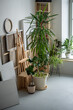 Interior of art studio workshop. White bright painter workplace filled with potted flowers plants, unused canvases, easel. Neat minimalistic design, conveniently placed art supplies in creative studio