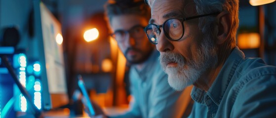 A creative middle-aged mobile software designer uses a desktop computer for smartphone application design, and speaks with a younger specialist using a tablet computer.
