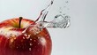 A red, ripe apple floats in clear water, a splash rippling outwards, generative ai