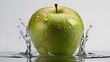 A close-up of a fresh, green apple with sparkling water droplets, generative ai