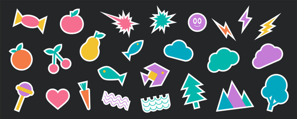 Wall Mural - geometric bold pop art silhouette sticker set, abstract simple flat icon collection for trendy 90s f