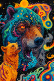Fototapeta Dmuchawce - The bear stands face to face with the wolf, both animals look at each other with hostility. Tribal patterns intertwine in the background