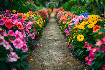 Poster - A path lined with colorful flowers leads to a garden. The flowers are in full bloom and are of various colors, including pink, yellow, and blue. The path is surrounded by bushes and trees