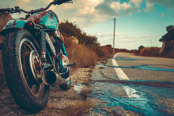 Wall Mural - A blue motorcycle is parked on the side of a road. The motorcycle is old and rusty, and it is leaning against a tree. The scene has a sense of nostalgia and a feeling of abandonment