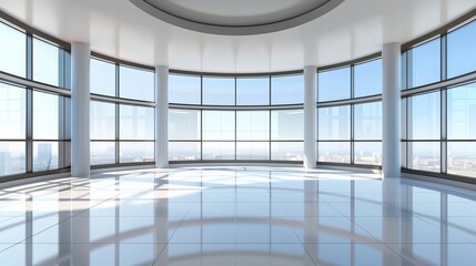 Wall Mural - Interior design, interior structure of modern city architecture, inner design project visualization, realistic 3D modern illustration of an empty round room with a large window.