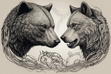 Fototapeta Dmuchawce - The bear stands face to face with the wolf, both animals look at each other with hostility. Tribal patterns intertwine in the background