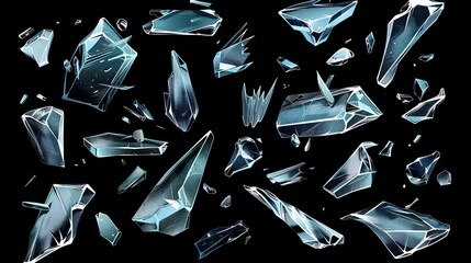 Wall Mural - Isolated shattered pieces of smashed windows, transparent ice crystal fragments with sharp edges, Design elements, Cartoon modern icons