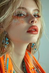 Wall Mural - Model with sparkling makeup and orange fashion elements