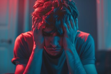 A man is sitting on a couch with his hands on his head, frustation and overwhelmed