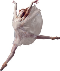 Wall Mural - Demonstrate flexibility. Young and incredibly beautiful ballerina wearing tulle dress jumping gracefully isolated transparent background. Concept of beauty classical ballet art. Aesthetic of ballet.