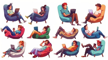 Wall Mural - A person sits at a home office chair using a laptop. The concept of a comfortable workplace for freelancers, remote workers, and distance learners. Modern cartoon freelancing figures isolated on