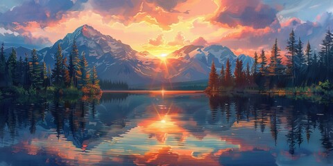 Wall Mural - sunset in the mountains at a calm lake that creates a perfect reflection