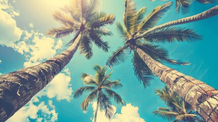 Wall Mural - Blue sky and palm trees view from below, vintage style