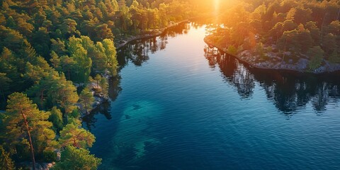 Aerial view of Lake coastline with forest along the coast at sunset