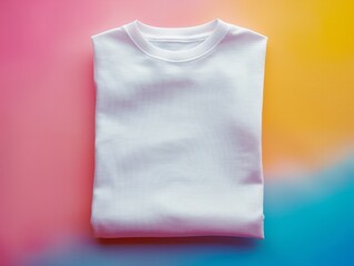 This image showcases a neatly folded white t-shirt placed against a gradient of vivid, rainbow colors suggesting a fresh, modern look