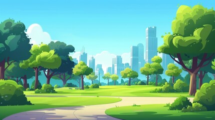 Sticker - A city park, summer or spring time landscape, cityscape background, an empty public place, a walking path, a lawn and mature trees. A cartoon illustration of a city park.