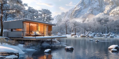 Wall Mural - Secluded Modern Cabin Overlooking Snowy Shoreline