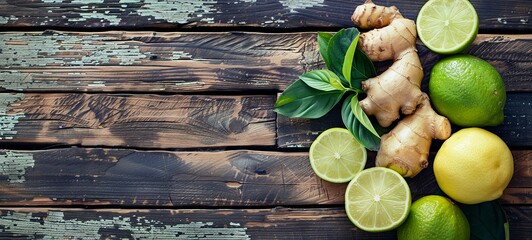 Wall Mural - Mint, lime, ginger and lemon. On a wooden background. View from above. place for text