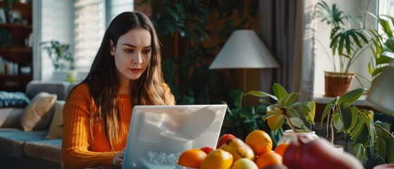 Poster - In a beautiful Caucasian female's living room, she is using a laptop computer to place a delivery order for fresh fruits and vegetables. She is working from home and surfing the internet.