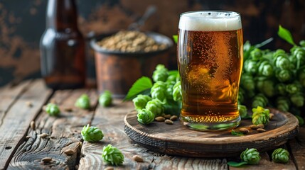 Wall Mural - Close up of a pint of beer on wooden plate settled against dark background with beer ingredients around it