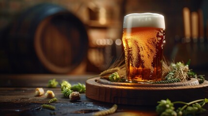 Wall Mural - Close up of a tasty pint of beer on wooden plate settled against dark background with beer ingredients around it