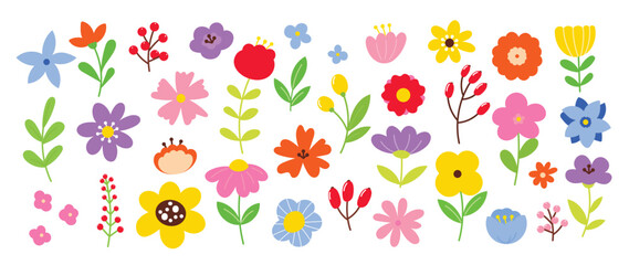 Wall Mural - Collection of spring colorful flower elements vector. Set floral of wildflower, leaf branch, foliage on white background. Hand drawn blossom illustration for decor, easter, sticker, clipart, print.