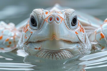 A mesmerizing close-up shot of an albino turtle's face partially submerged in water, showcasing its unique textures