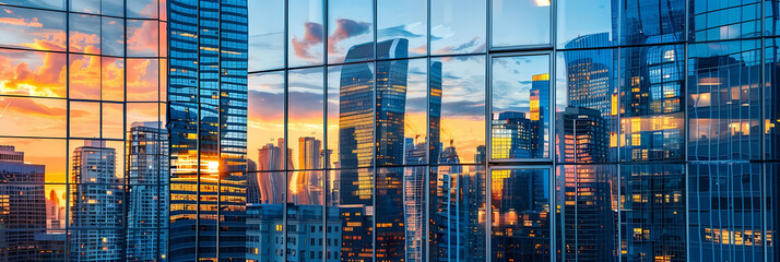 Wall Mural - abstract cityscape reflections at dusk, featuring a towering skyscraper, a bustling street, and a serene river flowing through the center