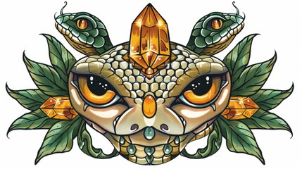 Wall Mural - The art of tattooing a snake with eye patterns on the skin and orange crystals isolated on white. Modern abstract flat illustration with green serpent, occult ornament and gems.