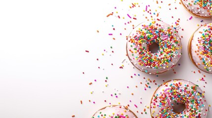 Wall Mural - It s Donut Day Check out these vibrant donuts with colorful sprinkles each with three playful bites taken out of them The delicious treats are set against a clean white backdrop leaving amp