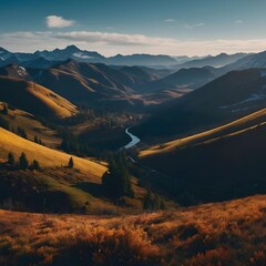 Poster - AI generated illustration of sunrise over a grassy mountain landscape