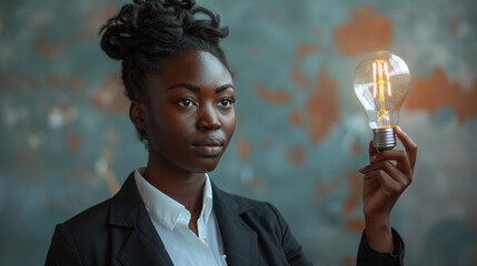 Wall Mural - Middle-aged African American businesswoman in suit holds glowing light bulb. Business idea concept