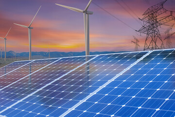 Wall Mural - Solar panels and wind power generation equipment, solar power green energy for life concept,