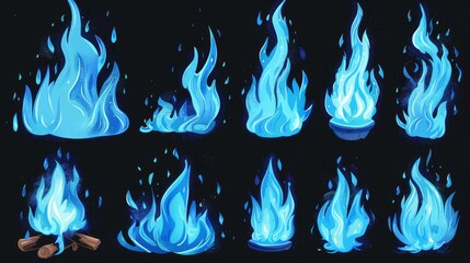 Wall Mural - A burning blue fire for 2D animation or video games. Sprite sheet modern animation with sequences of magic flames on torch, candle, or bonfire.