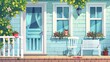 An illustration of a vintage house facade with a wooden balcony, brick wall, downpipe, window, curtains and a terrace with a red cat on a white fence, flower pots and chairs. Modern illustration.