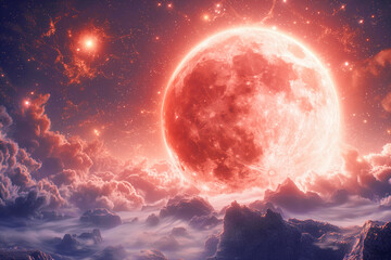Rocky surface of the planet against the background of pink star in space.