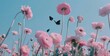 light pink ranunculus flowers bathed in soft sunlight against a serene pastel blue sky with fluttering butterflies in the foreground.