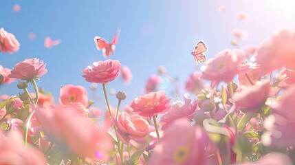 light pink ranunculus flowers bathed in soft sunlight against a serene pastel blue sky with fluttering butterflies in the foreground.