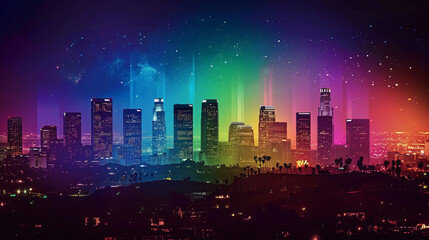 Wall Mural - Colorful neon spectrum over Los Angeles skyline at night