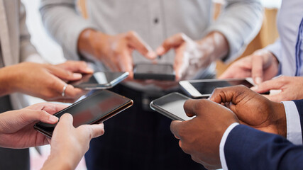 Poster - Circle, business people and hands with smartphone, typing and internet with connection, teamwork and digital app. Group, closeup and employees with mobile user, cellphone and cooperation with contact