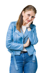 Poster - Beautiful middle age mature woman wearing fashion leather jacket over isolated background thinking looking tired and bored with depression problems with crossed arms.