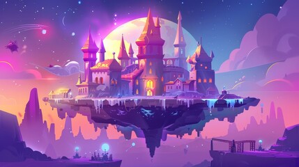 Wall Mural - Modern cartoon illustration with space landscape and floating platform above alien planet surface. The island has mountains and futuristic buildings. Illustration for gui game design.