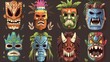 There are various kinds of tiki masks such as tribal wooden totems, hawaiian, African or Polynesian cultural attributes, animated scary faces with teeth, and decorated ancient wood disguise modern