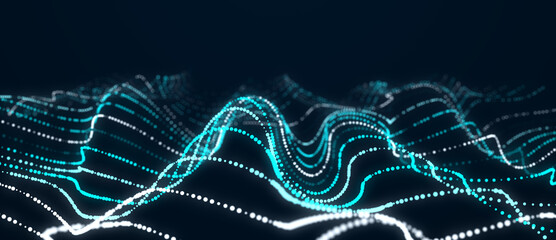 Fototapete - Abstract blue background of points. Wave of lines. Cyber particles. Big data stream. 3d rendering