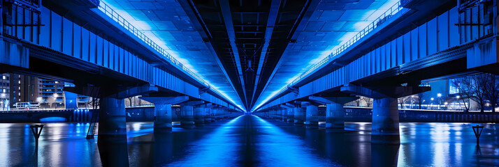 Wall Mural - abstract light patterns on urban bridges illuminate a cityscape featuring a tall building, a blue bridge, and a leafless tree