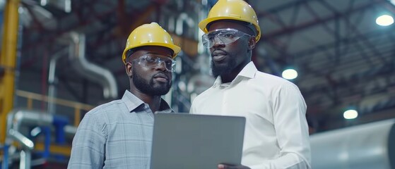 Wall Mural - Heavy Industry Employees in Hard Hats at Factory. Evaluating Industrial Facility and Working on Laptop Computer. An African American Engineer and an Asian Technician.