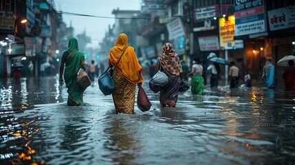 People in Asia evacuate flooded urban areas, carrying luggage.