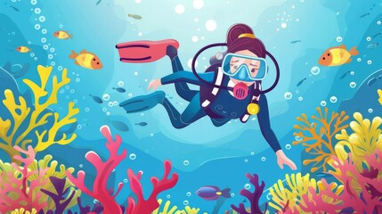 Wall Mural - An underwater tropical reef scene with seaweed and coral. Modern illustration of a young female character snorkeling, in mask and costume, exploring sea bottom.