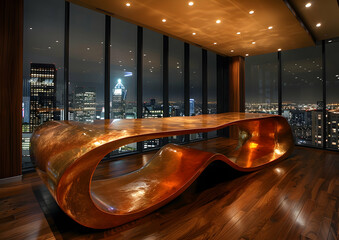 Poster - Sleek dining room with sculptural table, metallic accents, and ambient lighting