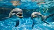 Due delfini che nuotano felici, vista da sott'acqua